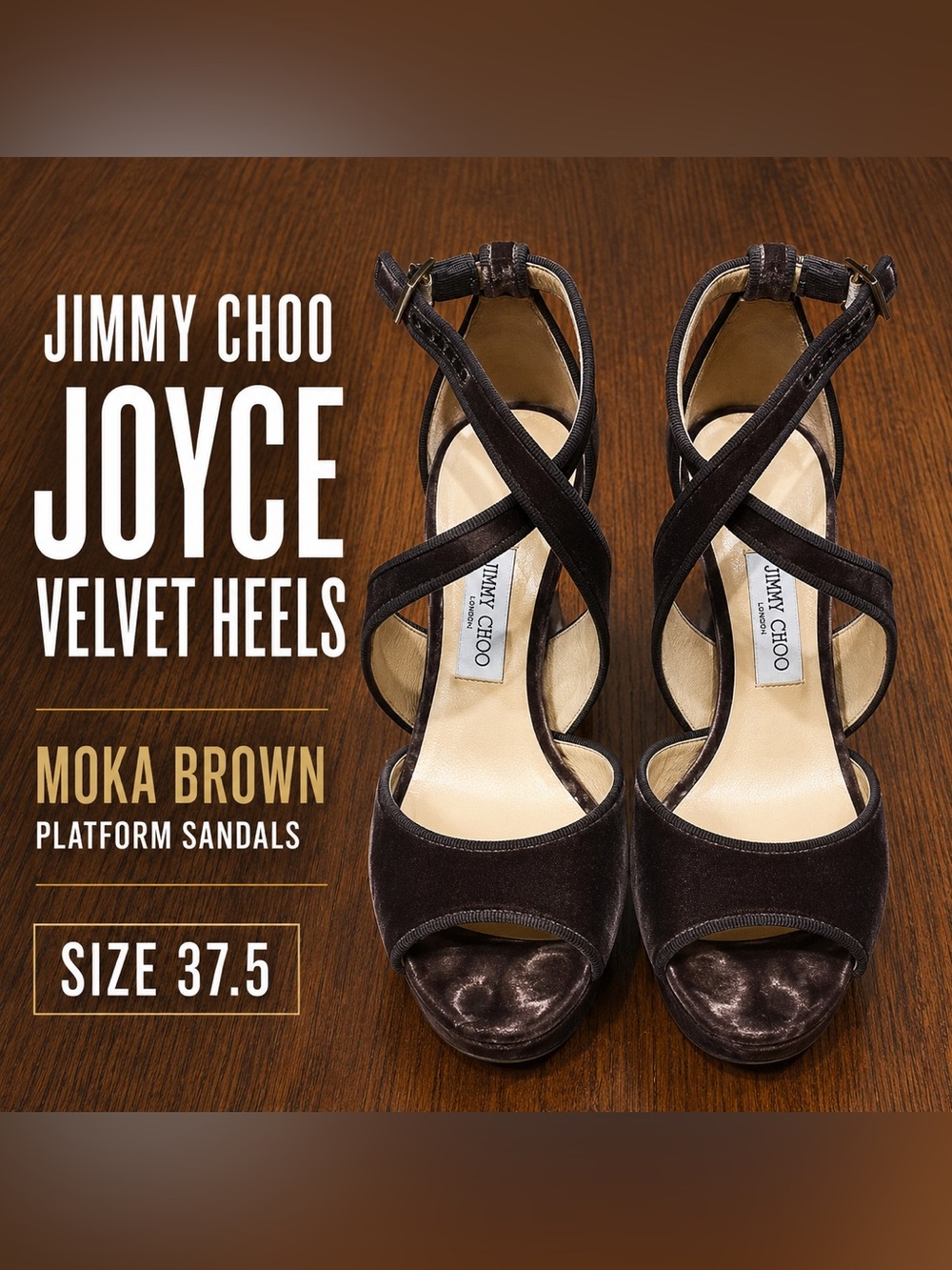 Jimmy Choo Joyce Velvet Platform Heels 37.5 Moka Brown Crisscross Ankle Strap